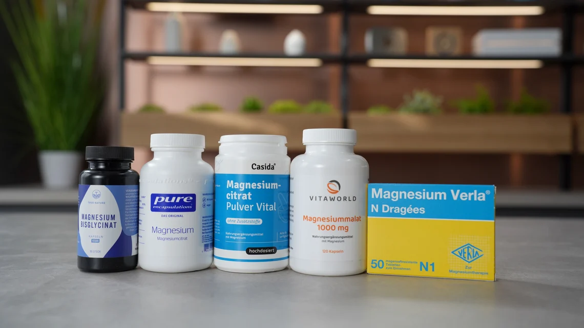 Die fünf Magnesium-Präparate aus unserem Vergleich nebeneinander aufgestellt.