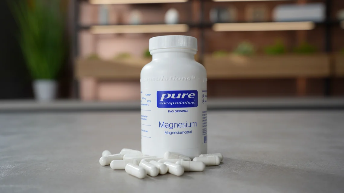 Pure Encapsulations Magnesiumcitrat mit einer Handvoll Kapseln vor der Dose.
