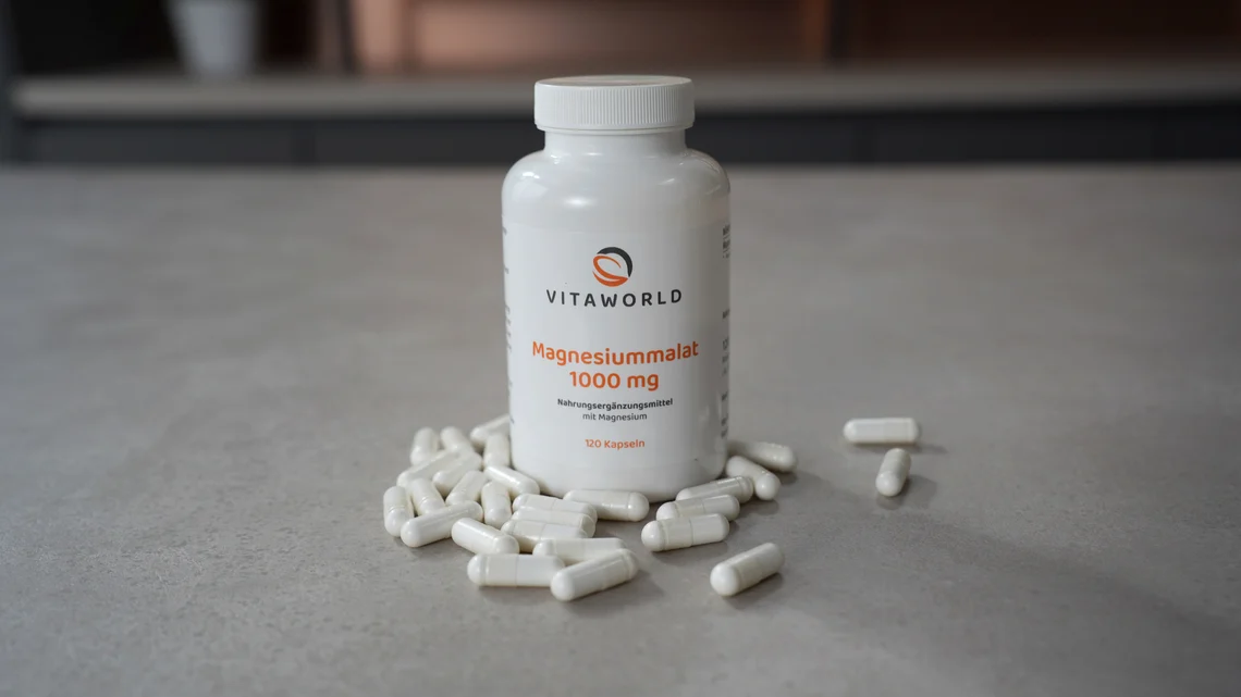 Das Vita World Magnesium-Malat mit ausgeschütteten Kapseln.